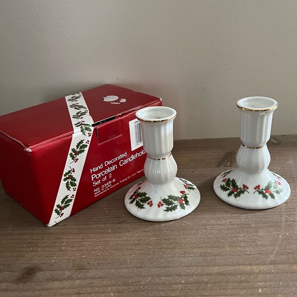 Kashima vintage Christmas Holly Golden Rimmed Japan Porcelain 2 candle holders